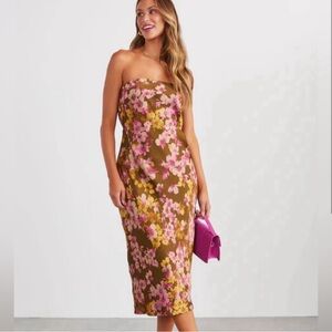 Laressa Satin Strapless Floral Midi Dress - Green/Multi / M